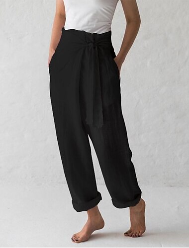  Dames Normaal Breed Been Katoenen linnen broek broek Yoga Chino Volledige lengte Hoge taille Effen zakkerig Lichtgewicht Zacht Zwart Donkerblauw Beige Koffie Ruim Passend