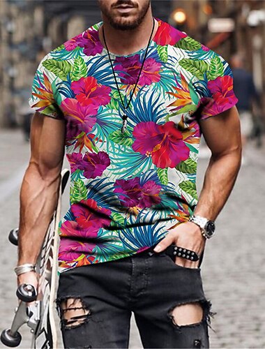  Herre Blomstret Grafisk T skjorte T-skjorter Morsomme t-skjorter Kortermet T skjorte 3D-utskrift Crew-hals Skjorte Hawaiisk Designer Grunnleggende Avslappet Daglig Helg B C E Sommer Klær Store