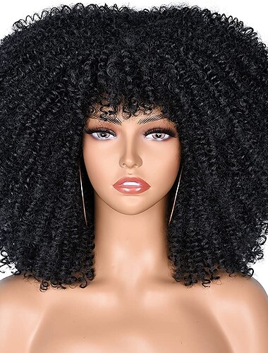 lockige Afro-Perücke mit Pony für schwarze Frauen, kurze, verworrene, lockige Perücke, 14 Zoll, synthetische, hitzebeständige, braune, volle Perücken, Weihnachtsfeier-Perücken
