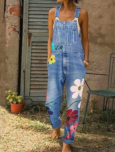  Denim Jumpsuit for Women Overall Utility Patch Pocket Print Floral Casual Daily Going out Regular Fit Sleeveless Blue Gray Light Blue S M L Fall Cowboy