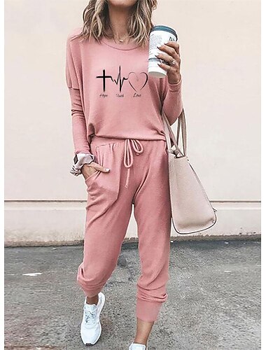  Damski zestaw dresowy z 2 części podstawowy T-shirt dresowy zestaw spodni krótki rękaw okrągły dekolt serce nadruk ze sznurkiem wakacyjny casualowy codzienny czarny róż szary jesień i zima regularny