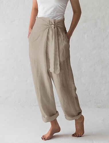  Mujer Perneras anchas Pantalones de lino Lino Artificial Holgado Alta cintura Longitud total Negro
