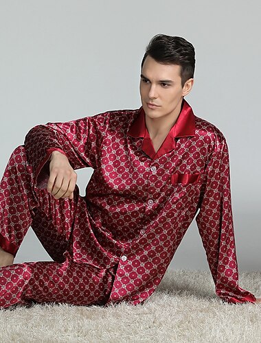  Hombre Pijama Top y pantalón de pijama Pijama de Seda 2 Piezas Geométrico Lujo Hogar Cama Playa Poliéster Comodidad Manga Larga Pantalón Verano Primavera Pijama fiesta rojo Pijama círculo rojo