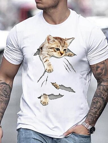  Herren Katze T Shirt T-Shirt 100% Baumwolle Kurzarm Grafik Hemd Schwarz Weiß Grau Bequemes T-Shirt Lässig Modedesigner-Kleidung
