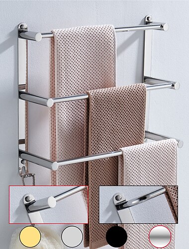  wandhanddoekrek, roestvrij staal 3-laags handdoekstang opslagplank voor badkamer 60cm handdoekhouder handdoekrek handdoekhanger (zwart/chroom/geborsteld goud/geborsteld nikkel)