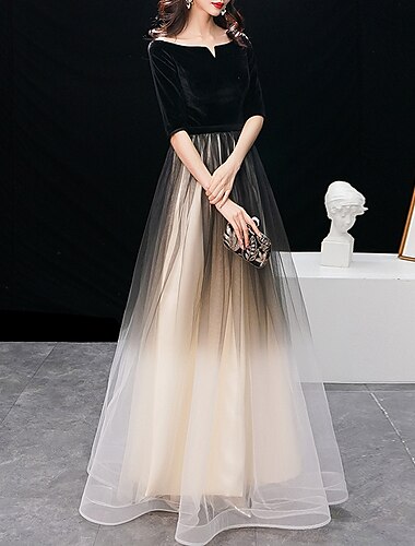  A-Linie Abendkleid elegantes Kleid Hochzeitsgast Abschlussball bodenlange halblange Ärmel Juwel-Ausschnitt Tüll mit elegantem 2025