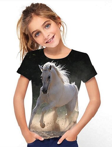  Kinder Mädchen T-Shirt Kurzarm Regenbogen 3D-Druck Pferd Schulanfang Täglich Outdoor Aktiv Grundlegend 3-12 Jahre / Sommer