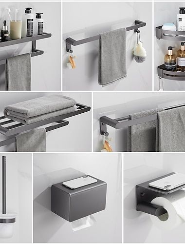  Juego de accesorios de baño, espacio de hardware de baño pistola montada en la pared de aluminio toallero gris/estante de esquina/gancho para bata/soporte de papel higiénico/barra de toalla/soporte