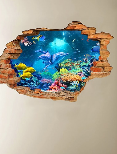  3D gebrochene Wand Unterwasserwelt Delphin Zuhause Kinderzimmer Hintergrunddekoration abnehmbare Aufkleber Wanddekoration Aufkleber für Schlafzimmer Wohnzimmer