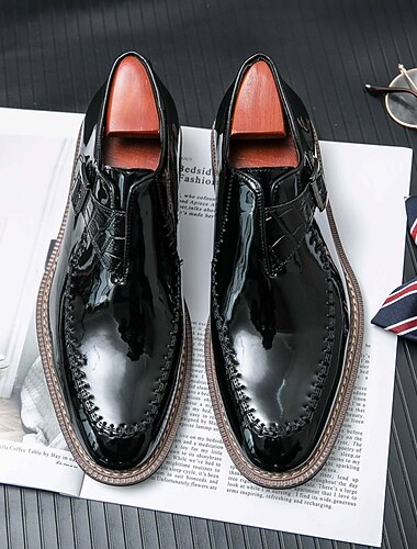  Heren burgundy patent imitatie leren oxfords dress schoenen met gesp - elegante formele schoenen voor bruiloften en zakelijke evenementen