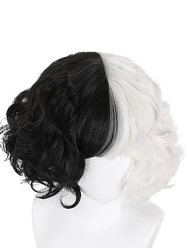  101 Dalmatiens cruella de vil cosplay perruques femmes partie médiane 12 pouces fibre résistante à la chaleur bouclés noir blanc adultes adolescent anime perruque carnaval perruques