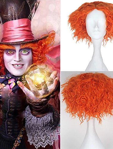  Cosplay Alice im Wunderland, Mad Hatter, Cosplay-Perücken, alle Mittelscheitel, 12 Zoll, hitzebeständige Faser, lockig, trocken, glänzend orange, Anime-Perücke für Teenager und Erwachsene,