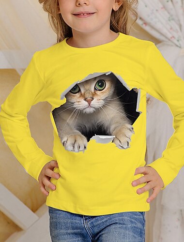  Kinder Katze 3D-Druck T-Shirt T-Shirt Langarm Gelb Orange Tierdruck Alltagskleidung Aktiv 4-12 Jahre / Herbst