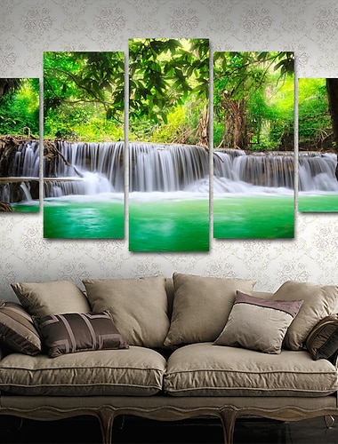  5 Panels Wandkunst Leinwanddrucke Malerei Kunstwerk Bild grün Wasserfall Pflanze Landschaft Heimtextilien Dekor gerollte Leinwand kein Rahmen ungerahmt ungedehnt