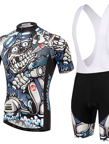  21Grams Herren Radtrikot mit Radhose kurz Trägern fahrradbekleidung set Kurzarm MTB Mountain Rennrad Winter Schwarz Blau Totenkopf Motiv Fahhrad 3D-Pad Atmungsaktiv Rasche Trocknung Elasthan