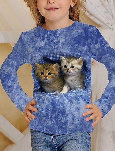  Camiseta con estampado 3d de gato para niños, camiseta de manga larga, azul, gris, con estampado de animales, uso diario para la escuela, activa de 4 a 12 años/otoño