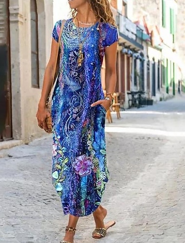 női vonalas ruha maxi hosszú ruha kék rövid ujjú virágos zsebmintás nyári kerek nyakú alkalmi 2023 s m l xl xxl 3xl