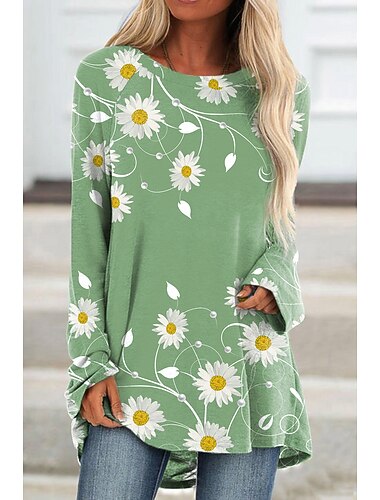  ウィメンズチュニックTシャツ フローラル デイジーチュニック ベーシック 長袖 ラウンドネック ロングトップス デイリー 週末 プリント ブルー パープル グリーン 秋冬 プレファル