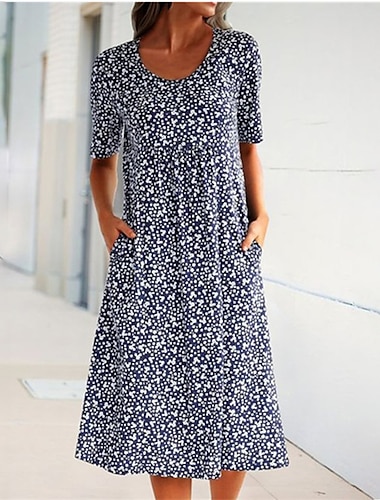  γυναικείο casual dress shift φόρεμα midi φόρεμα μαύρο μπλε κίτρινο κοντό μανίκι πουά τσέπη άνοιξη καλοκαίρι crew λαιμόκοψη s m l xl xxl 3xl