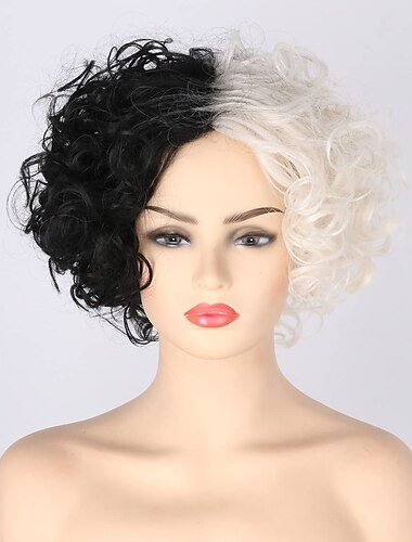  Topcosplay Cruella Teufelsperücke, kurze lockige schwarze und blonde Perücken, Cosplay-Perücke, Halloween-Perücken