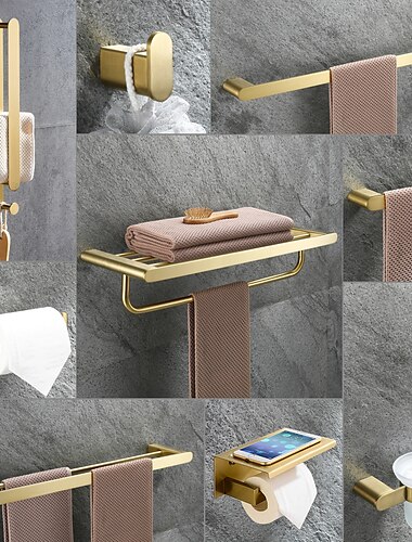  Juegos de herrajes dorados para baño, toallero de acero inoxidable montado en la pared/soporte para papel higiénico/soporte para cepillo de baño multicapa, nuevo diseño multifunción contemporáneo