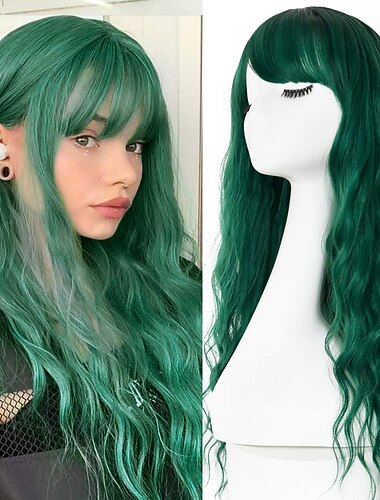  perücke mit pony farbverlauf dunkelgrün perücke lang flauschig gewellt lockig kunstfaser ohne kleber schwarze wurzel spitzenfrei perücke für damen 66,08 cm.. st.patrick's day perücken