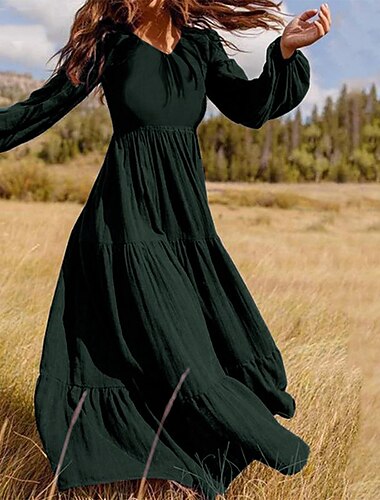  Dames Swingjurk Lange jurk maxi-jurk Donkergroen Bruin Zwart Lange mouw Heldere kleur Met ruches Geplooid Lapwerk Herfst Lente V-hals Boho Casual Herfst Jurk Lantaarn mouw Ruim Passend M L XL XXL