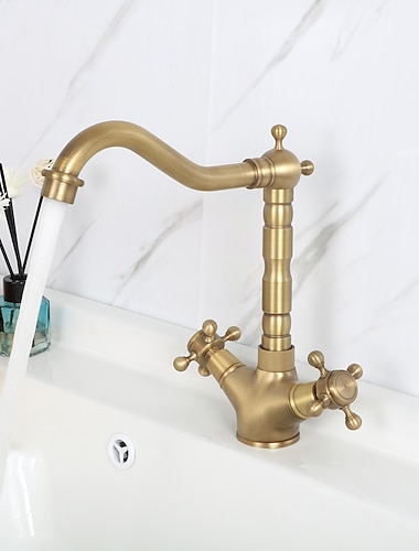  mitigeur robinet de cuisine en laiton antique bec standard rotatif à un trou/grand/arc élevé, robinet de cuisine en laiton antique/morue avec conduites d'alimentation/réglable à l'eau froide et chaude