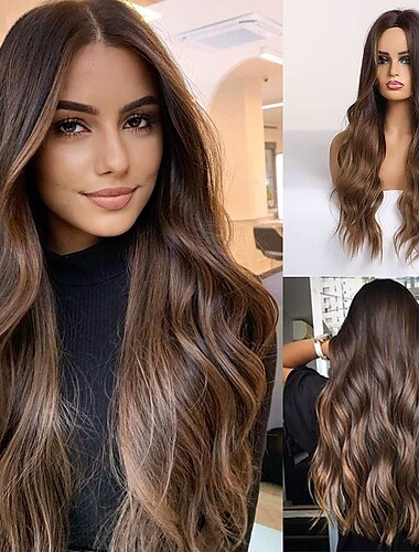  Brown Wigs for Women Long Ombre Brown Hair Wig for Women Wave Wig Synthetic Curly Hair Wig Middle Parting 26Inch