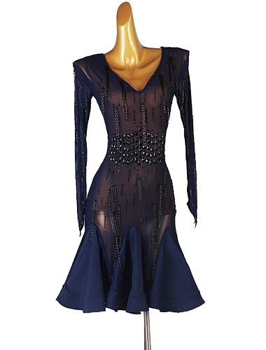  Tanz-Salsa-Latin-Tanzkleid, Perlenkristalle/Strasssteine, Pailletten, Damen-Performance, langärmlig, Chinlon-Mesh