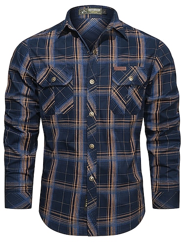  Herren Hemd Arbeitshemden Knopfhemd Cargo-Shirt Armeegrün Königsblau Khaki Langarm Plaid / Karomuster Gitter Umlegekragen Casual Täglich Bekleidung Baumwolle Sportbekleidung Leicht