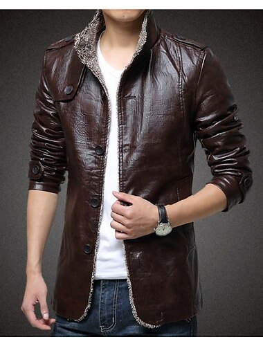  Herren Lederjacke Peacoat Vintage Lederjacke Braune Wildlederjacke Motorrad Freizeitskleidung warm Herbst Winter Feste Farbe Schick & Modern Lang Kunstpelz Kunstleder Schwarz Dunkelgrau Braun Kaki