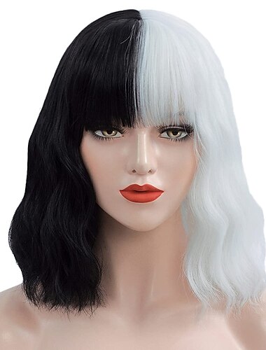  Cruella Deville Perücke Cosplay Schwarz und Weiß Perücken für Frauen Kurz Lockig Wellig Bob Haar Perücke Süße synthetische Perücken für Party Halloween Perücken