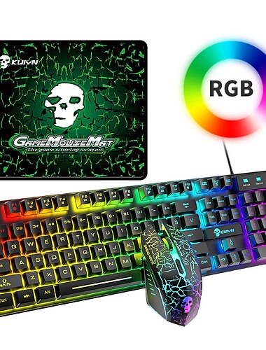  t6rgb lysende kablet gamingtastatur og musesett med stort musematte usb fargerikt bakgrunnsbelyst mekanisk tastatur