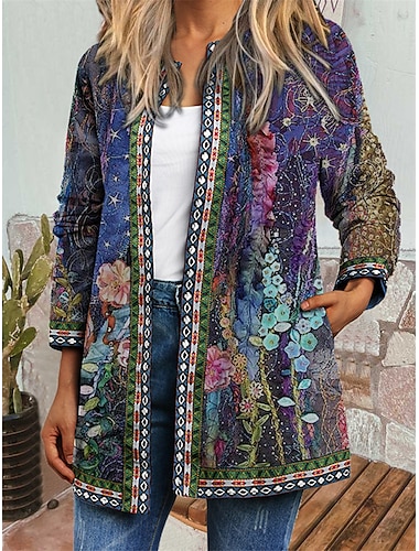  Women's Casual Jacket Floral Print Fall Winter Regular Coat Regular Fit Casual Baroque Jacket Long Sleeve Blue Daily Holiday
