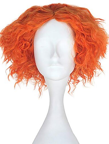  Cosplay Alice im Wunderland, Mad Hatter, Cosplay-Perücken, alle Mittelscheitel, 12 Zoll, hitzebeständige Faser, lockig, trocken, glänzend orange, Anime-Perücke für Teenager und Erwachsene,