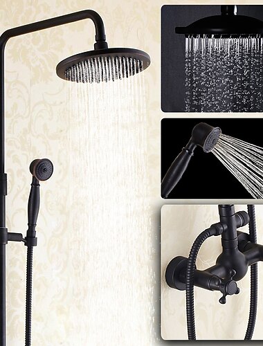  antieke douchesysteem kraancombinatieset, 8 "regendouchekopset met handdouche wandmontage, messing koper zwart gegalvaniseerde afwerking vintage stijl 2 handgrepen 3-gats badmengkranen met bodysprays