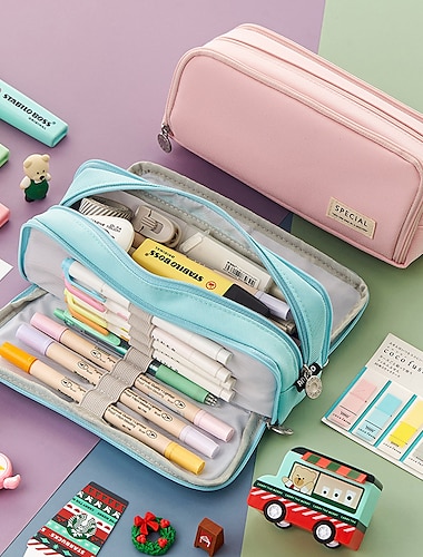  Trousse à crayons rose grande capacité – trousse de papeterie multicouche à fermeture éclair avec compartiments pour filles, étudiantes et artistes