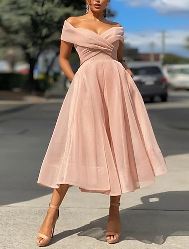  A-Line Cocktail Dresses Vintage Dress Wedding Guest Red Green Dress Tea Length Sleeveless Off Shoulder Tulle with Pleats 2024
