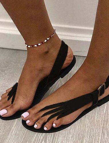  svarta damsandaler med strappy tåring med justerbart spänne - bekväma sommarlägenheter för vardagskläder