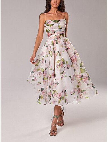  Vestidos de Regreso a Casa A-Line Vestido de Princesa de Boda de Playa Invitada de Boda Vacaciones Largo a la Té Sin Mangas Tirantes Espagueti Organza con Estampado Vestido de Invitada de Boda 2025