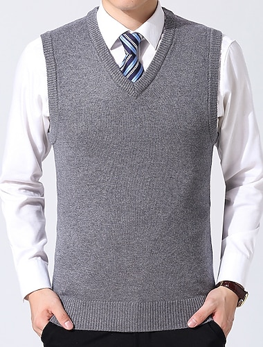  Men's Sweater Vest Wool Sweater Pullover Sweater Jumper Ribbed Knit Knitted Solid Color V Neck Business Keep Warm Work Daily Wear Clothing Apparel Sleeveless Spring &  Fall Camel Black M L XL