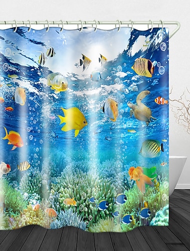  防水ファブリックシャワーカーテン 180cm*180cm（70"*70"）フック付き ビーチフィッシュプリント バスルーム家庭デコレーション バスタブカーテンライナー