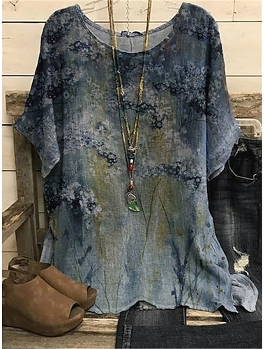  Dames Plus Size Blouse Chiffon Vintage Basis Vakantie Bloemenprint Dolman Mouw Korte Mouwen Reguliere Tops Crew Hals Vakantie Dagelijks Weekend Roze Blauw Groen Grijs Zomer Lente