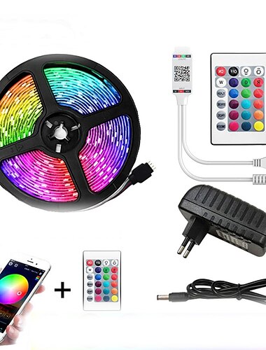  led strip verlichting 5m flexibele led licht strips licht sets lichtslingers 150 leds 5050 smd 10mm 1 24 toetsen afstandsbediening 1 x 12v 2a adapter 1 set rgb rood blauw kerst nieuwjaar app controle