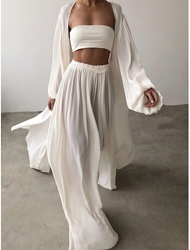  Femmes Sexy Boho Chemise Ensembles en coton et lin Ensembles deux pièces manche longue Manches bouffantes Uni Sortir Plage Noir Blanche Chameau Automne & Hiver Coupe Ample