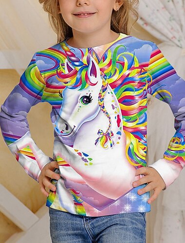  キャンパス 女の子 3D 動物 Tシャツ 長袖 3Dプリント 秋 活発的 ベーシック 子供 4〜12年 学校 カジュアル スポーツ レギュラー