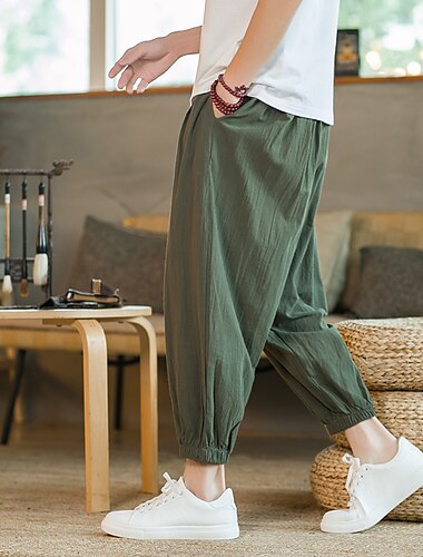  Herr Harem Joggare Linne Byxor Långbyxor Sommarbyxor Snörning Slät Utomhus Ankellång Hem Ledigt Dagligen Kineseri Folkstil Lös passning ArmyGreen Svart Microelastisk