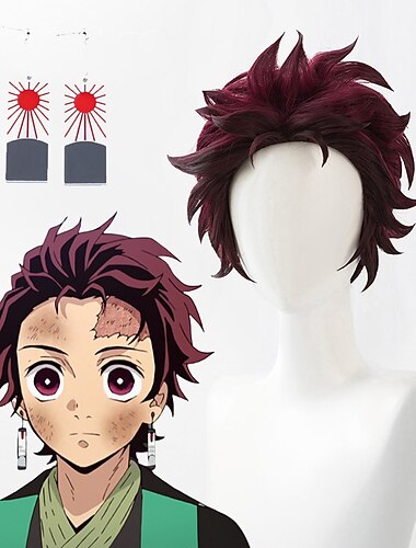  kimetsu no yaiba tanjiro kamado короткие каштановые термостойкие волосы парик для косплея пара сережек парики для Хэллоуина