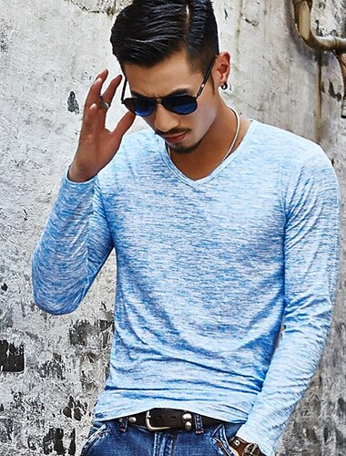 Homme T-shirt Chemise à Manches Longues manche longue Col en V Printemps Automne Graphique Uni Muscle Essentiel Imprimé Sortir Week-end Noir Bleu Fuchsia T-shirt haut de gamme pour homme